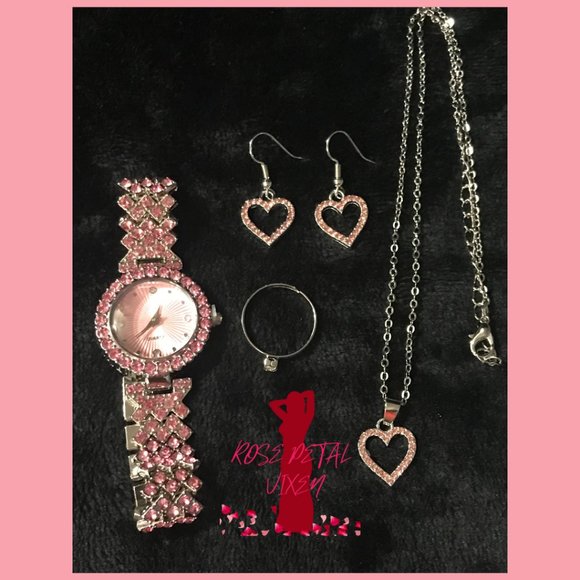 Pink Rhinestone Fashion Jewelry Watch and Necklace 5-piece set. - Picture 1 of 3
